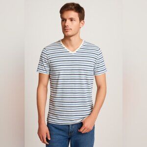 GAP Men’s Blue & White Striped V-Neck T-Shirt – Size M